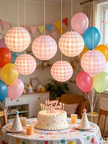 6pcs 12 Inch Paper Lanterns, Colorful Plaid Round Hanging Paper Lanterns, Suitable For Bachelorette Party, Birthday Party, Outdoor Activities, Camping, Wedding, Home Decor. - Multicolor - View 6
