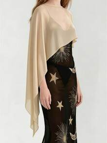 Women Sheer Mesh Poncho Solid Color Round Neck Asymmetrical Hem Loose Shawl Wraps Cape Tops - Khaki - View 2