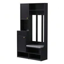 Wardrobe Set, Complete Hallway Wardrobe Set With Bench, 4 Hooks, Doors & Drawers, Compact Dimensions 100*180*35 Cm (W*H*D) - Black - View 10
