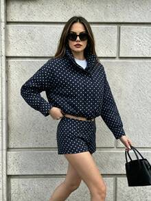 Chaqueta corta de lunares para mujer, top de manga larga de moda, chaqueta de cuello alto con cordón - Azul Marino - Ver 2