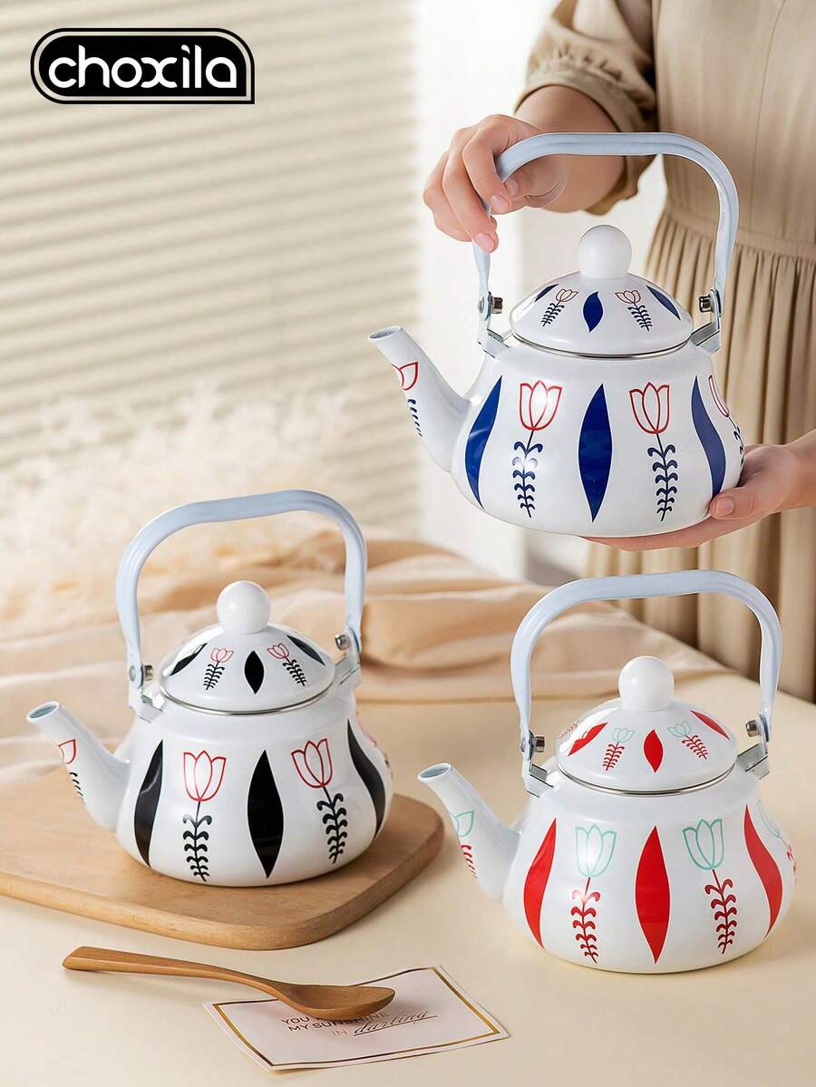 choxila 1pc Multicolor Tulip Leaf Enamel Pot, Multifunctional Teapot, Coffee Pot, Kettle For Home Use, Kitchen Universal Induction Or Gas Stove Direct Fire Heating Enamel Teapot, Home Tabletop Decor Teapot, Holiday Gift Teapot - Tulip Enamel Teapot - View 1