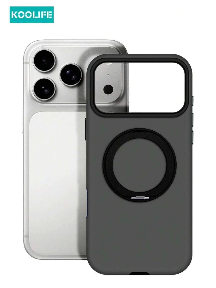 KOOLIFE 1pc 360° Rotatable Magnetic Stand Phone Case, Matte Black-Grey Bicolor Design, MagSafe Compatible, Shockproof PC+TPU Hybrid Cover, Anti-Scratch Protective Case Compatible With Apple 17/17pro/17promax - Black - View 1