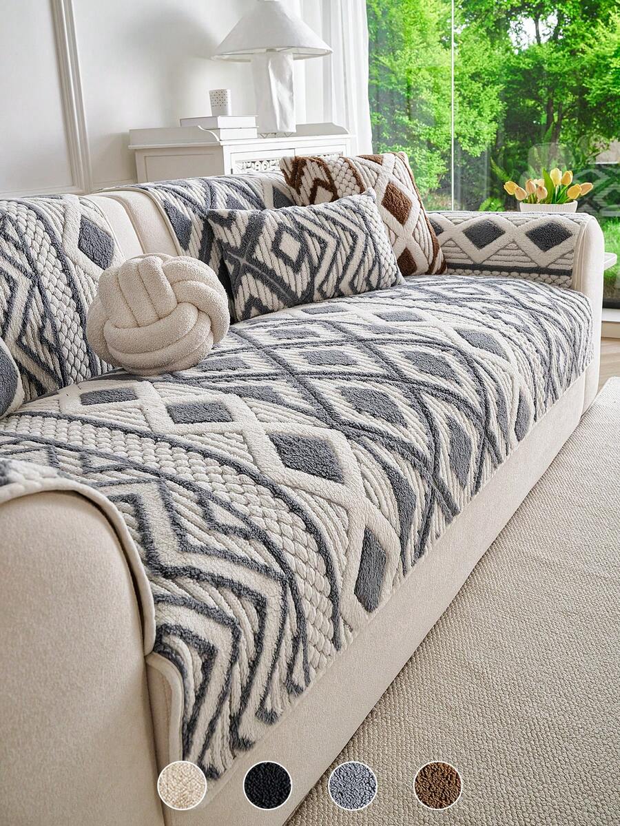 1 pieza Funda de sofá de estilo bohemio cómoda de lana de cordero, cojín de sofá antideslizante y lavable a máquina, protector de muebles con textura 3D, adecuado para uso doméstico - Multicolor - Ver 1