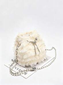 Cream Tulle Ruffle Bucket Bag, Faux Pearl Drawstring Chain Crossbody Bag, 2025 Ballet Fairy Style Women's Teen Handbag, Suitable For Bride/Date/S - Apricot - View 6