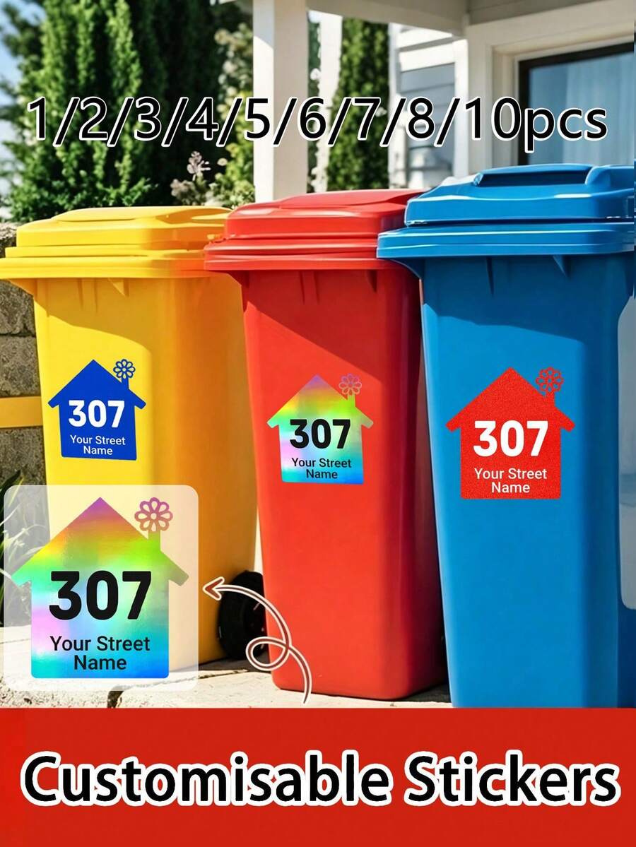 1/2/3/4/5/6/7/8/10件客製化垃圾桶標籤 & 輪式垃圾桶貼紙 - 建立一個包含您的門牌號碼和街道名稱的個性化垃圾桶。耐候性強且設計為平滑、牢固的黏著;以高品質工藝打造以提供 - 彩色 - 查看 1