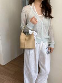 Women's Bucket Handbag, Fashionable Versatile Elegant Solid Color Striped Khaki Bag With Scarf, Suitable For Shopping And Commuting, Includes Small Pouch - Khaki - View 4