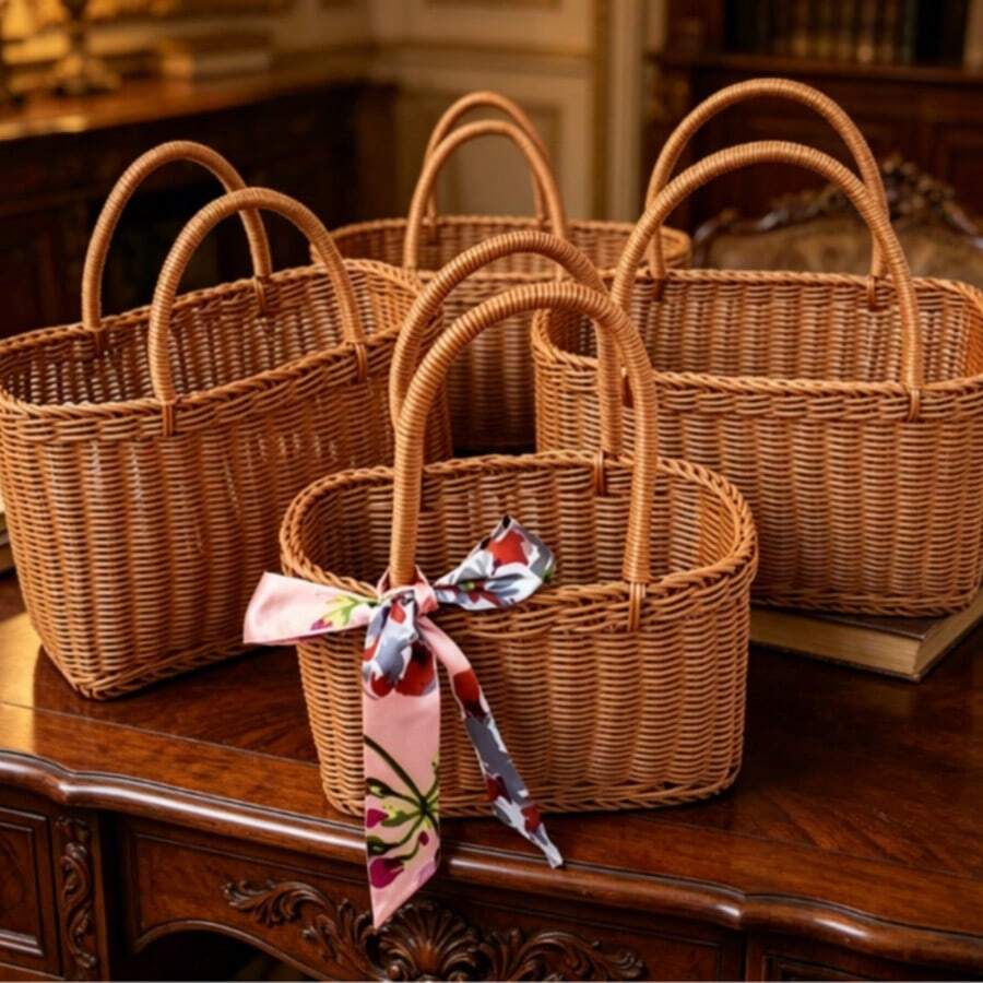 Large Rectangular Woven Shopping Basket, Portable Faux Rattan Basket With Handle, Suitable For Farm Produce, Harvest, Picnic, Blanket Storage, Vegetables, Fruits, Kitchen Storage Basket