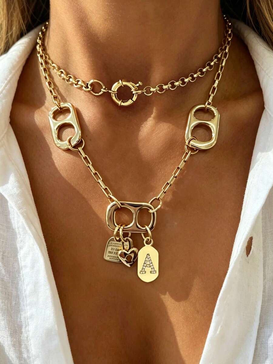 1pc Gold Initial Letter Necklace, Luxurious Clasp Letter Pendant Necklace, Suitable For Women's Exquisite Holiday Party Gift - Yellow Gold - View 1