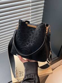 Nuevo Bolso de Moda Nicho Chic Casual Versátil Estampado de Leopardo Bolso Cubo Vintage Clásico Textura Premium Correa Ancha Bolso de Mujer Bolso de Hombro Bandolera Bolso de Mano Trabajo Desplazamiento Cita Compras Bolso Urbano Sofisticado Diario - Negro - Ver 4