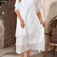 jianchaimaoyi02  Vestido casual de talla grande, vestido bohemio de verano fluyente con cuello redondo, sin mangas, dobladillo asimétrico, adecuado para primavera y verano, - Niebla azul - Ver 4