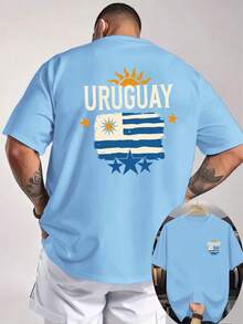 Camiseta de Hombre con Estampado de Doble Cara de la Bandera de Uruguay con Tres Estrellas, Elementos de Fútbol Sudamericano, Camiseta Holgada Personalizada para Aficionados Uruguaios - Negro - Ver 7
