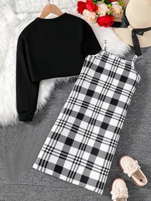 2pcs Girls' Fashion Casual Minimalist Spring/Autumn Outfit Set, Vintage Plaid Suspender Dress & Solid Color Knit Short Sleeve Top, Comfortable & Soft Outdoor Street Style Daily Wear For Teenagers - Black - View 2