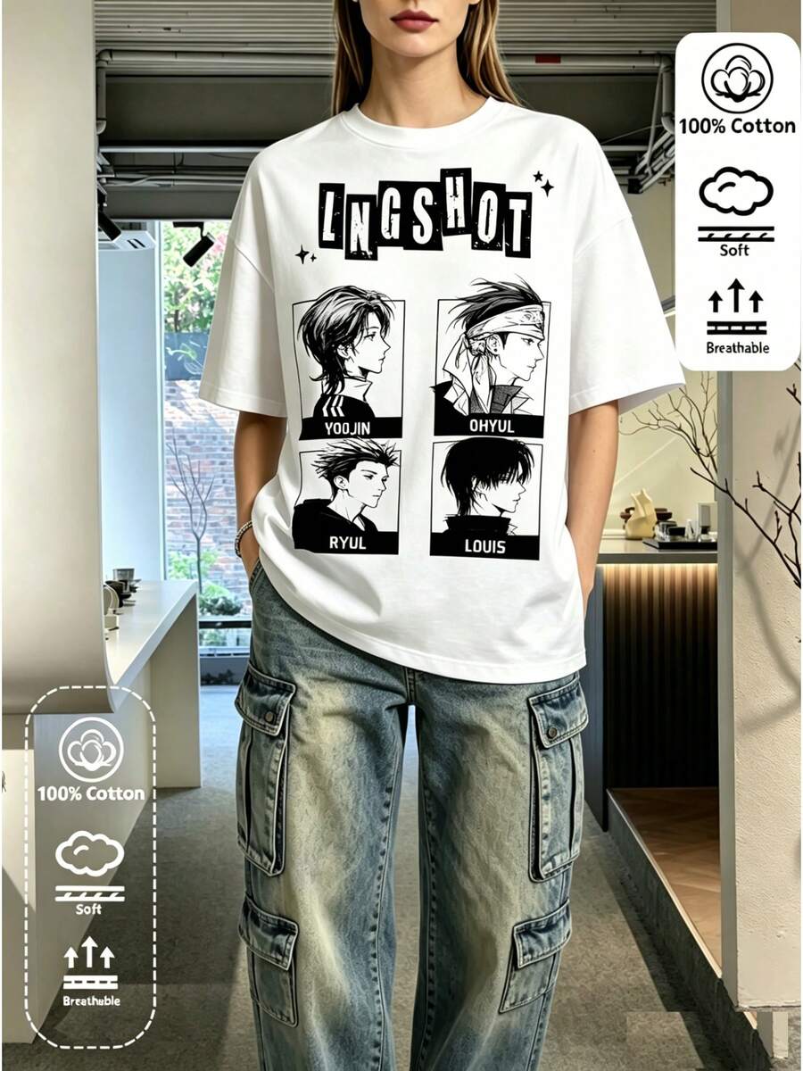 LNGSHOT Women's White Anime Boy Print T-Shirt - Loose Fit Short Sleeve With Cartoon Character Design, Stylish And Aesthetically Summer Casual Soft, Comfortable, And Breathable Top (2026 Style) - 白色 2 - 查看 1