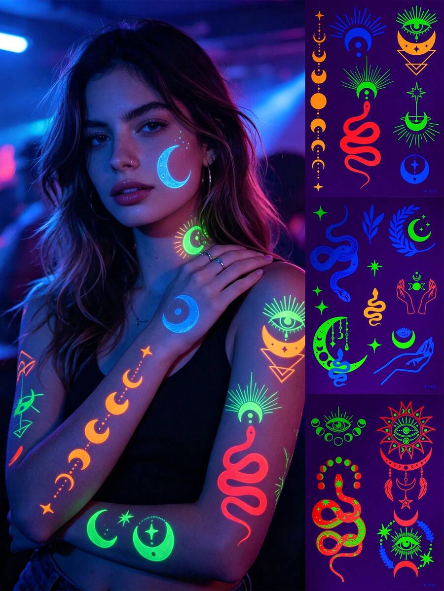 3pcs Neon Fluorescent Temporary Tattoo Stickers, Glowing Snake, Moon Phase, All-Seeing Eye, Sun Star & Occult Hand Design, Waterproof Skin- Self-Adhesive Long-Lasting, For EDM Rave Festival, Coachella Gathering, Witchy Tarot Party, Fake Tattoos