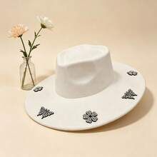 Elegant  Felt Hat With Sparkly Rhinestone Butterfly  Flower Details For Daily  Vacation Outfits - White. - View 4