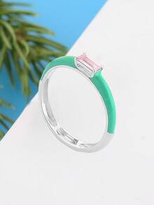 1pc 925 Sterling Silver Green Enamel Band Ring, Inlaid With Rectangular Cut Pink Cubic Zirconia, Minimalist Stackable Fashion Women's Ring - Green - View 3