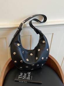 Rivet Crescent Underarm Bag, Adjustable Shoulder Strap Design, Shoulder & Crossbody Dual Use, Versatile Small Bag For Daily Commute And Dating - Black - View 6