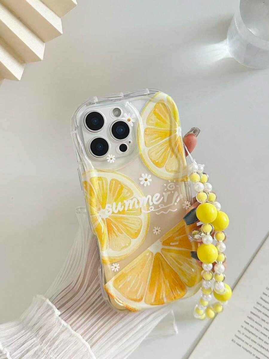 1個奶油色波浪邊橘色彩繪厚款防摔手機保護殼，附珠飾手鍊配件，適用於 iPhone 16/11/16pro/16plus/16promax/16e/15Promax/13/14/12/XS/XR/7G/8P，適用於 Galaxy S25/S25PLUS/S25 Ultra/A16/A36/A26/A56/A50/A12/A32/A52/A72/A51/A21S/A13/A14/S24/S24PLUS/S24Ultra,S22/A52/A53/A54/A55S23/，適用於 11/12Pro/12/12X/13Pro/14Pro/15Pro/，適用於 Redmi 10/9/Note9/12c/Note11pro/Note8Pro 防摔手機保護殼