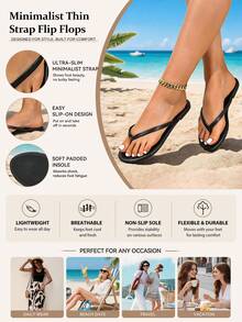 1 paire de sandales tongs noires décontractées et polyvalentes, design à fines brides s'adaptant à la forme du pied, design de sandales tongs plates, faciles à enfiler et à retirer, nouvel article d'été, à la mode, style même que celui des célébrités d'Internet, confortables toute la journée, chaussures polyvalentes pour femmes convenant aux shorts, robes et tenues décontractées, saison printemps/été - Noir - Voir 4