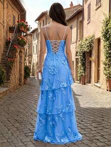 Light Blue Floral Appliqué Tiered Maxi Dress, Spaghetti Strap Tulle Formal Evening Gown, Elegant Bridesmaid & Prom Wear - 藍色 - 查看 2