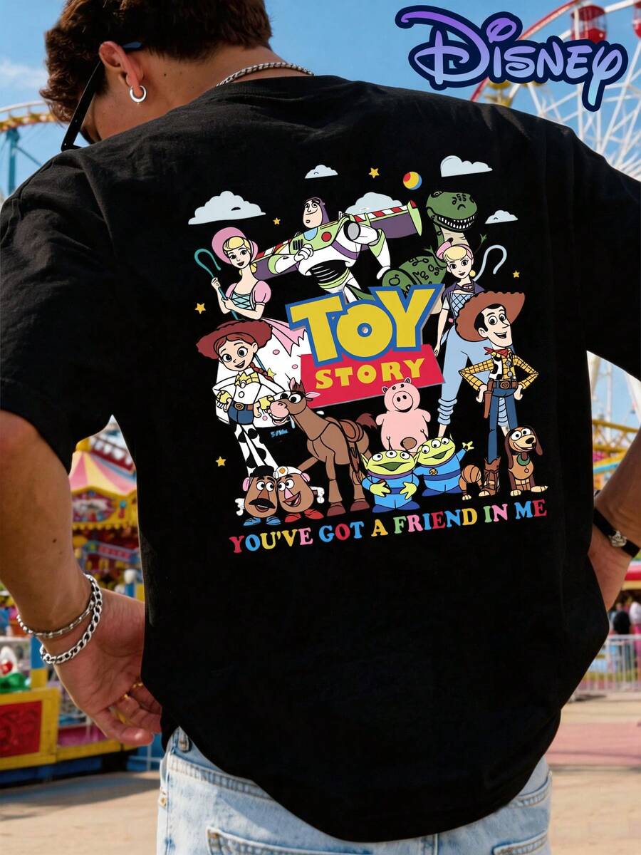 T-Shirt With Disney Toy Story Motifs, Short-Sleeved Men's T-Shirt Made Of Pure Cotton, Loose And Casual Style, Suitable For Everyday Wear, Street Style, Perfect For Summer, Unisex, Matching Look. - 黑色 - 查看 1