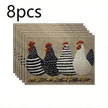 Multi-Pack Farm Chicken Placemats In 2 Styles: Red Checkered & Linen Embroidered. 100% Polyester, Non-Slip, Heat-Resistant, Easy To Clean. Ideal For Farmhouse Kitchens, Meals And Gatherings. - Multicolor - View 14