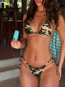Women's Sexy Retro Camouflage Print Bikini Set, Suitable For Beach Vacation, Adjustable Drawstring Design Summer - Camouflage - View 1