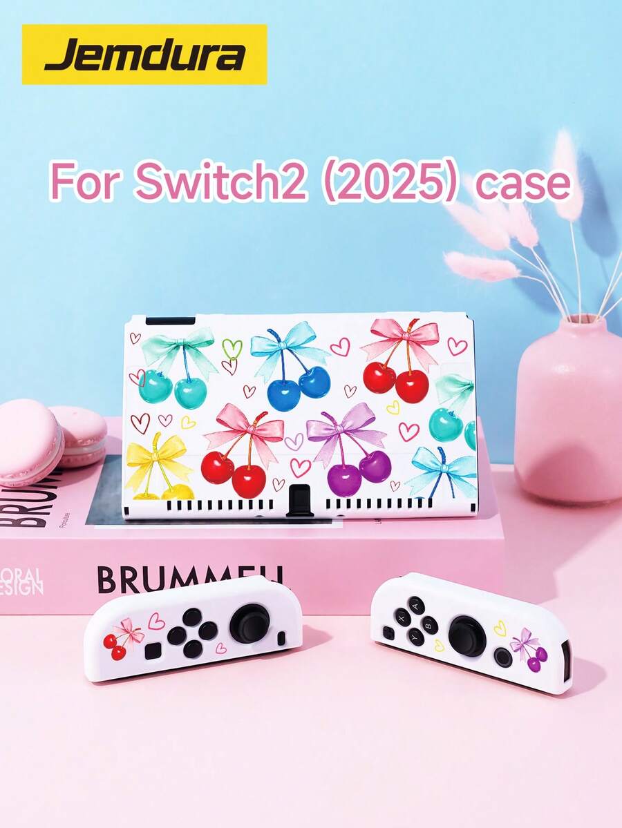 Switch2 (2025) 遊戲主機配件，1個兒童彩虹櫻桃線心圖案 Switch2/Switch 遊戲主機保護殼/卡槽底座，相容於 Switch2/SwitchOLED/NS/Lite 遊戲主機保護套，套殼可放入底座充電，可開啟主機支架，可拆卸分體式左右控制器保護套 1個，Switch 玩家最佳禮物 - 多色 - 查看 1