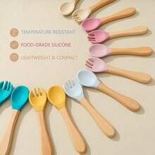 Silicone Baby Tableware Set, Training Spoon And Fork For Learning To Eat With Wooden,  Complementary Foods. - A10 - View 6