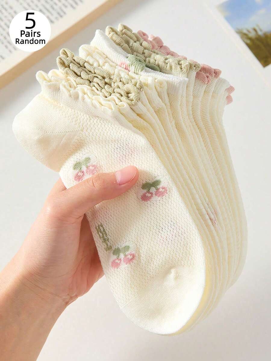 5雙女款短襪,櫻桃白網眼透氣中筒襪,適合四季居家穿著,簡約舒適 - 查看 1