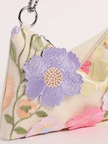 Bunte 3D bestickte Blumen-Applikation Umschlagtasche Damen Kette Schulter Umhängetasche geeignet für Urlaub (zufälliges Blumenmuster) - Beige - Übersicht 6