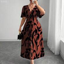 jianchaimaoyi02  Vestido de media manga con cuello en V, cintura con lazo, botones decorativos en el bajo y abertura, estilo elegante francés para uso casual - Óxido marrón - Ver 1