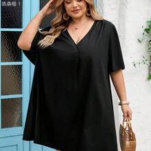 jianchaimaoyi02  CURVE+ Nuevo vestido camisero elegante y casual/informal para mujer, de manga corta y gasa, con cuello en V, manga holgada con volantes, vestido midi, - Naranja - Ver 9