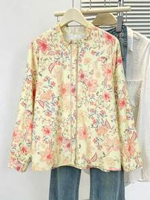 Blusa de manga larga con botones delanteros y estampado floral para mujer de talla grande, ideal para vacaciones - Amarillo - View 5