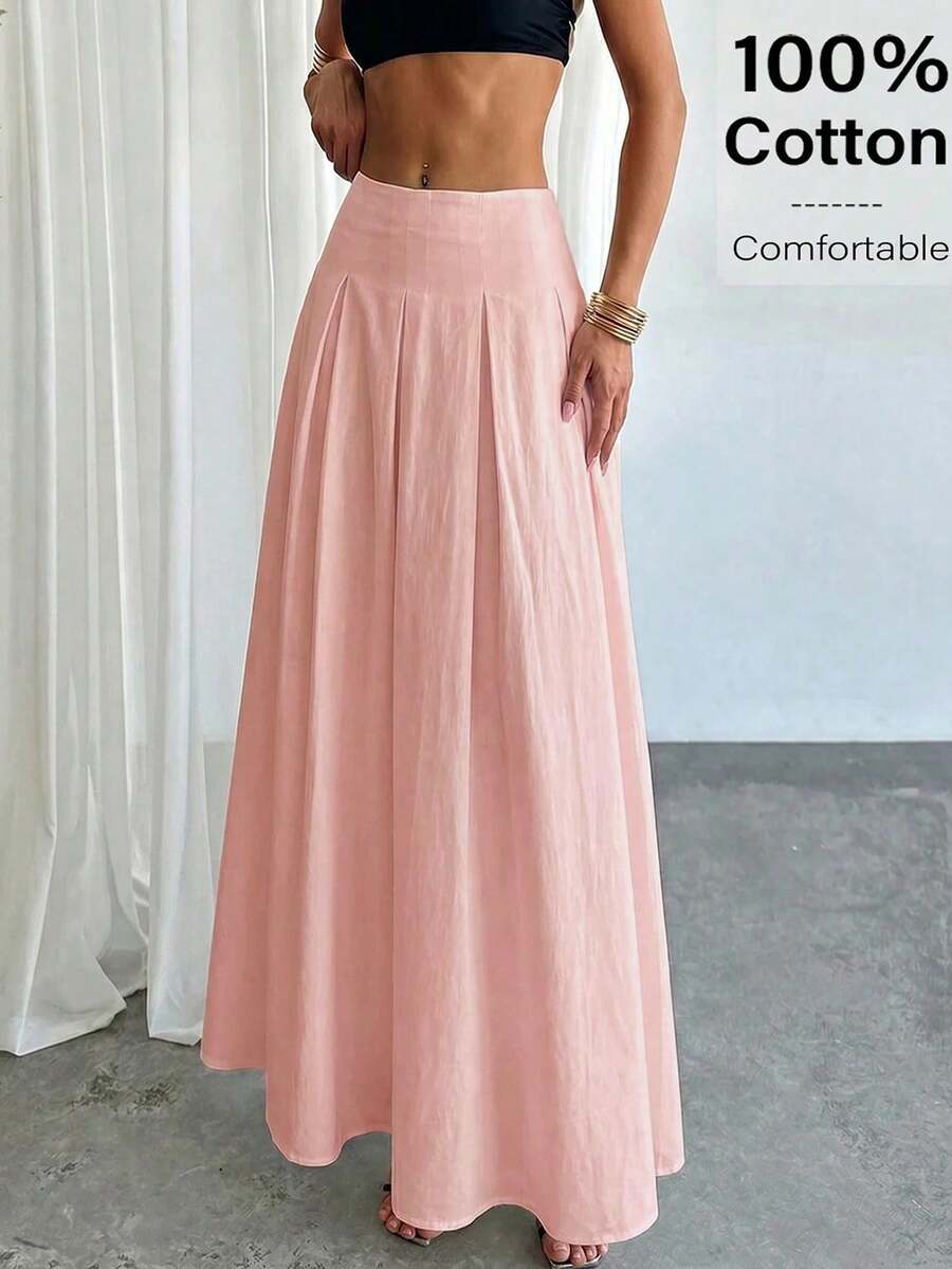 Falda de lino y bambú con nudo, elegante, de estilo minimalista, para vacaciones, oficina y uso diario, color albaricoque - Rosa Pálido - Ver 1