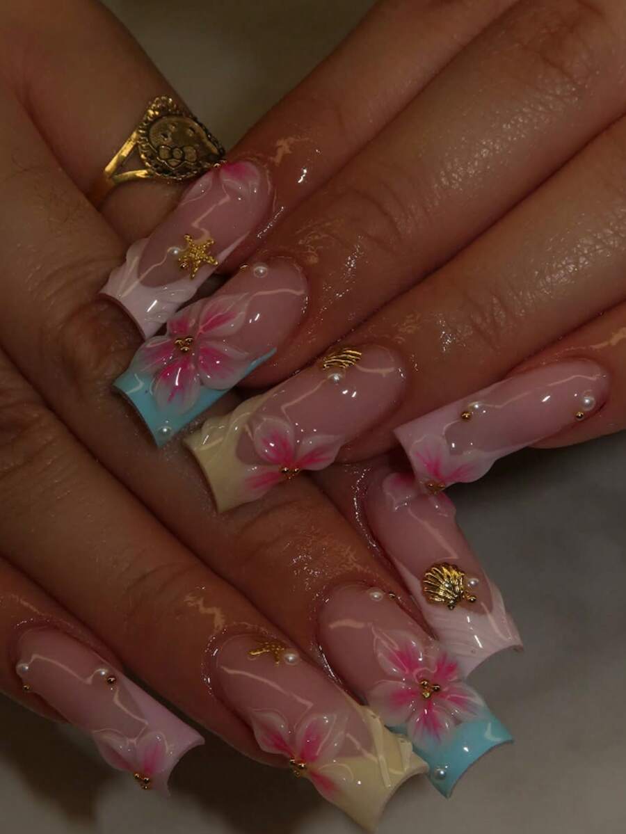 Transform Your Nails 24片/組 Y2K甜酷風清新粉藍配色色塊 3D波浪法式 3D花朵海星貝殼珍珠金珠裝飾 中長款穿戴甲,適合女孩與女性日常配戴,夏季海灘、開學必備 - 彩色 - 查看 1