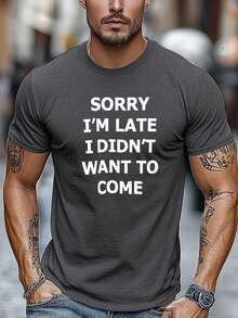Camiseta de hombre de talla, relajada y casual, cómoda y versátil, con estampado SORRY I'LATE I DIDN'WANT TO COME, camiseta de verano casual de manga corta y cuello redondo. - Blanco - Ver 2