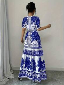 New 2026 Model: Floral A-Line Dress With Short Sleeves And Boat Neck, Elegant For Summer - 黑色 - 查看 9
