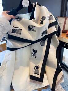 1件女款貓咪圖案黑色圍巾，冬季保暖百搭披肩 & 斗篷，厚款長頸保暖巾，適用於空調房與辦公室 - 黑色 - 查看 2
