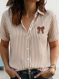 Plus Size Women Casual Striped Butterfly Print Button Down Short Sleeve Shirt Blouse Summer