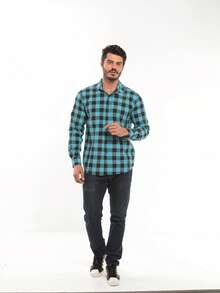Men's Casual Long-Sleeved Plaid Shirt - 薄荷藍 - 查看 1