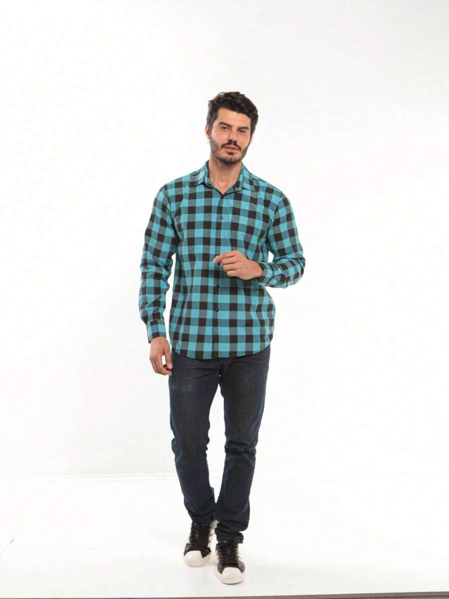 Men's Casual Long-Sleeved Plaid Shirt - 薄荷藍 - 查看 1