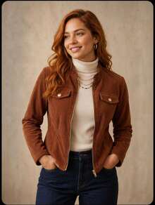 Women's Corduroy Jacket With Zipper, Casual Style, Elegant, Winter Fashion, Fluffy Velvet Zipper, Night, Vacation, School, Office, Daily. - 駝色 - 查看 6