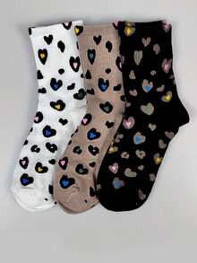 1/9 pares de meias femininas aleatórias com estampa de leopardo e coração, cano médio, estilo minimalista, casual, único, vintage, perfeito para o dia a dia. - Multicolorido - Ver 5