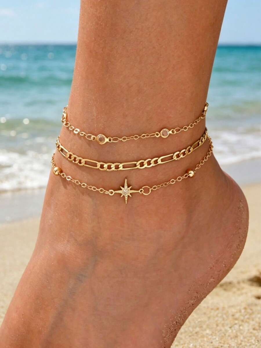 3er Set modische lässige goldene Ketten-Fußkettchen mit Lagen für Damen, minimalistische vielseitige Fußkettchen geeignet für den täglichen Gebrauch, Ausflüge, Dates, Strand und Urlaub - Verschiedenfarbig - Übersicht 1