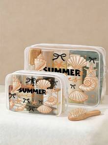 1個「Summer」字母印花PVC防水海灘包，附貝殼與海星裝飾，PVC化妝包，PVC拉鍊旅行收納包，輕量耐褪色化妝盥洗包，適合男女使用，TSA認證便攜式化妝盒，易清潔設計，適合母親、教師、朋友、護士化妝包，學校、度假、返校用品盥洗包，母親節禮物，旅行必備，夏季必備 - 彩色 - 查看 6