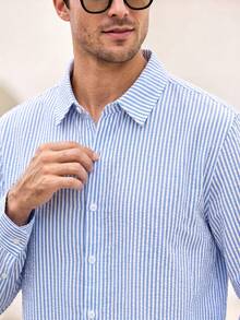 Mercer Haus Men's Casual Striped Textured Fabric Shirt, Suitable For Summer Vacation Beach. - Blue - View 3