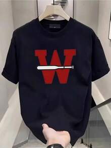1 Red Baseball Letter Print T-Shirt, Short Sleeve Summer Casual T-Shirt, 180g, 100% Cotton - 白色 - 查看 8