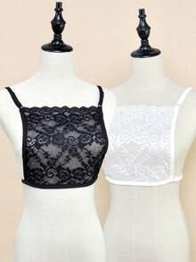 1pc Black And White Lace Trim Anti-Exposure Chest Insert Fake Collar, Adjustable Elastic Shoulder Straps Bra Cover - Multicolor - View 2