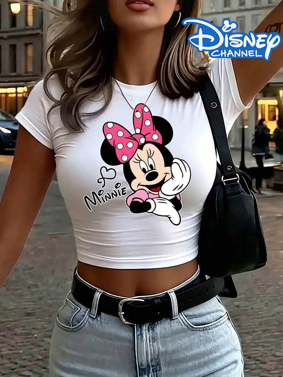 Disney Minnie Mouse Bow Cartoon Print Fitted Crop Top, Women's T-Shirts,Tube Top,Fourth Of July,Disney Collaboration - 白色 - 查看 1